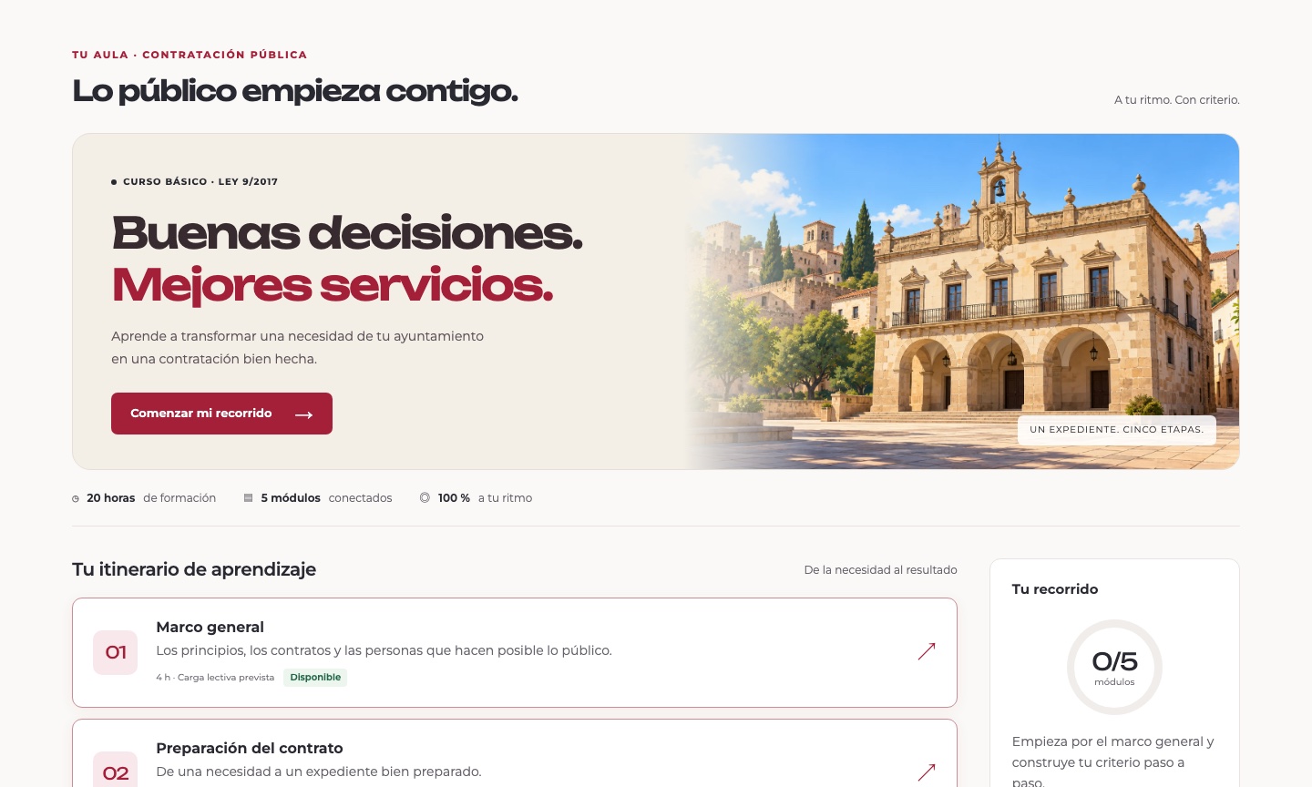 Portada de un curso en Moodle: el lema, el botón para empezar y la ilustración de un ayuntamiento