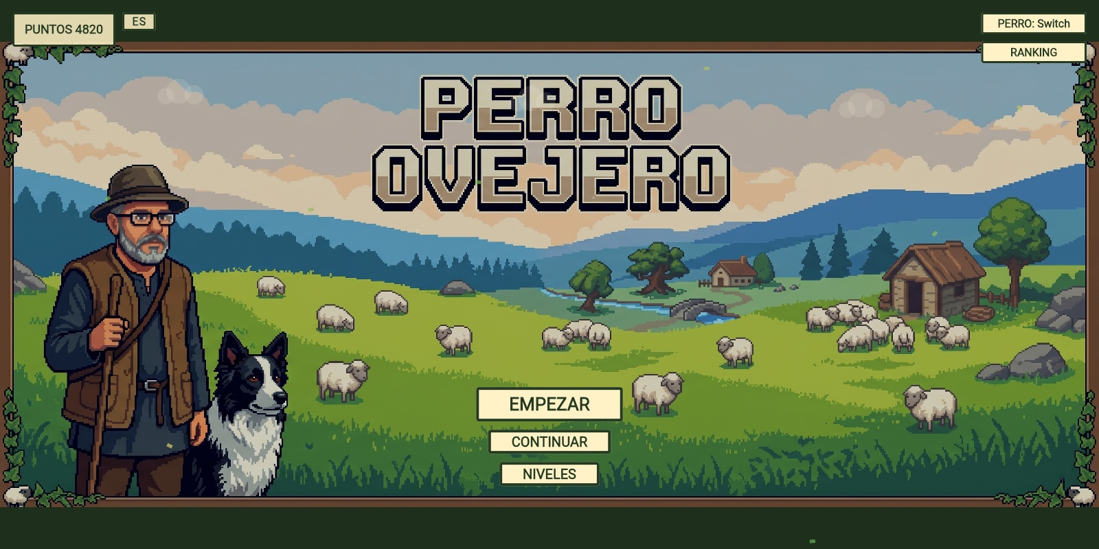 Perro Ovejero: la portada, con el pastor, su perro y el rebaño en el prado